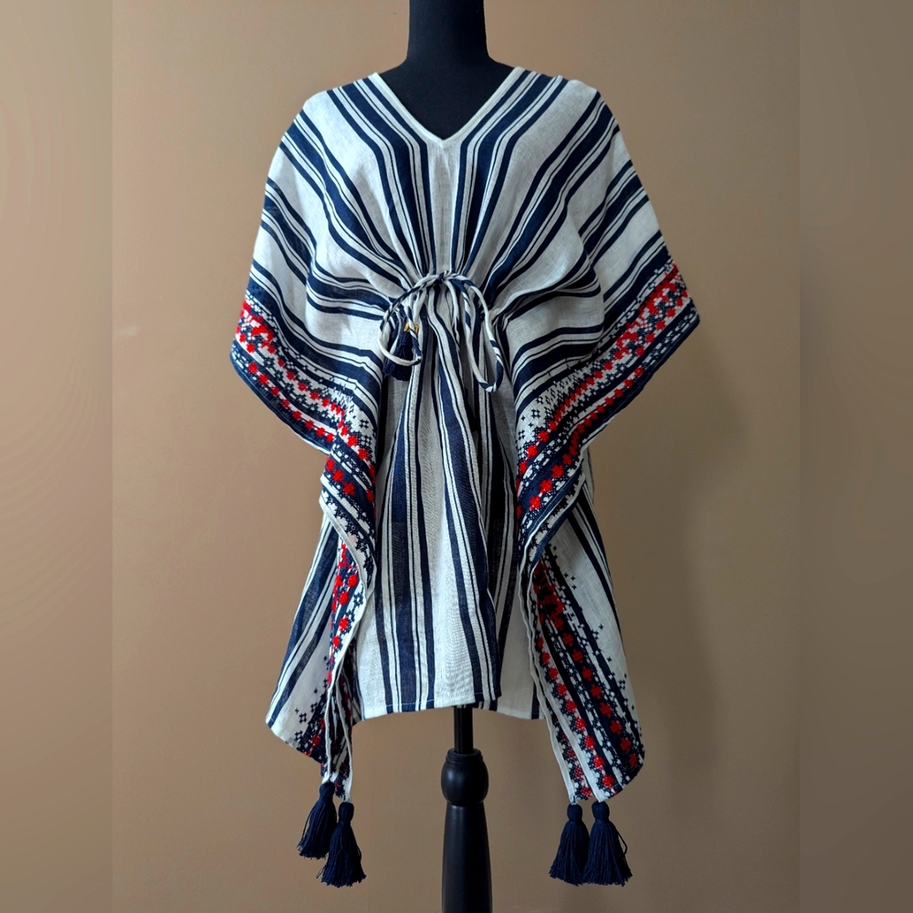Tory Burch Striped Linen Beach Caftan In Tory Navy with Bold Awning Stripe XS/S